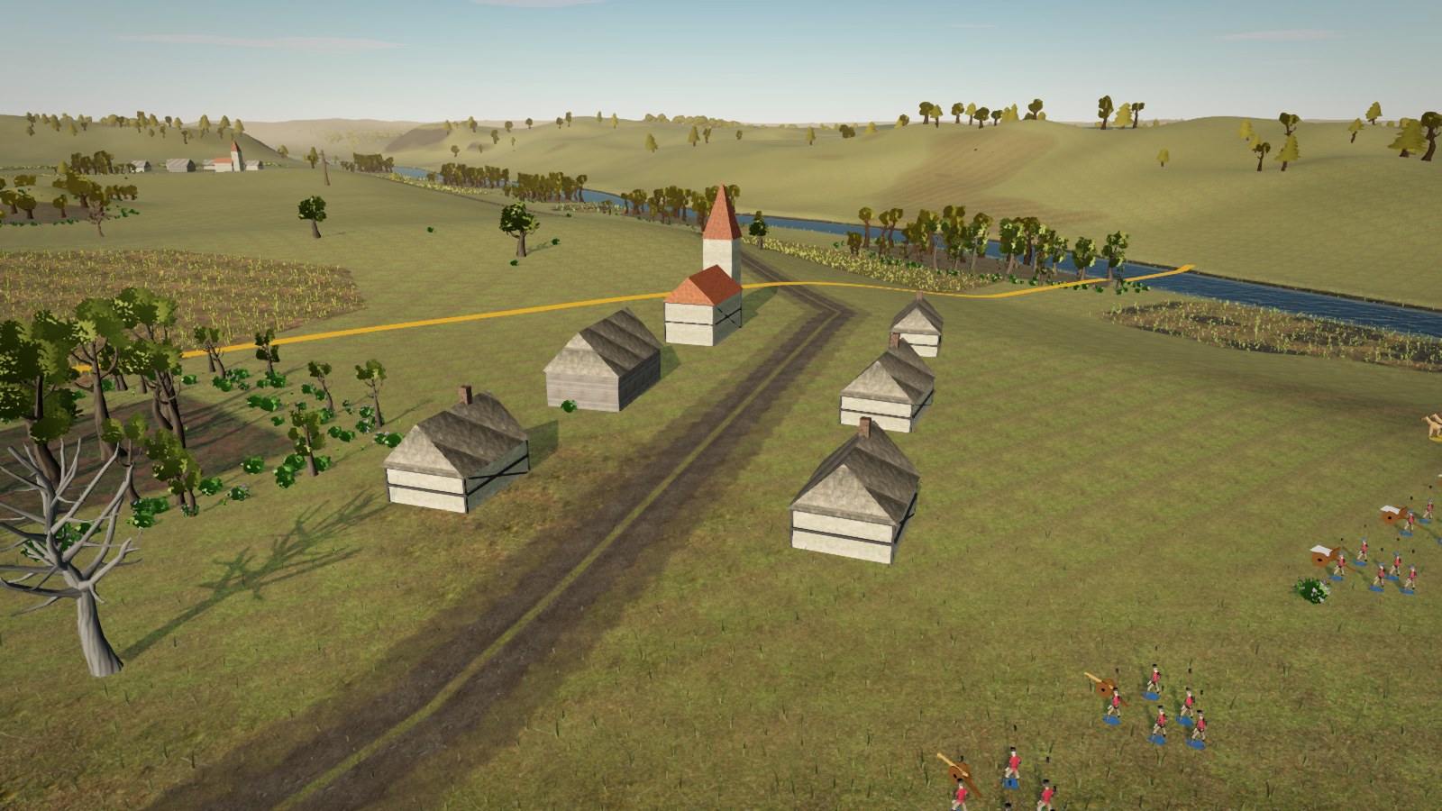 Aldea de casas de madera y una iglesia con tejado rojo, junto a un río. A la derecha, artillería e infantería.