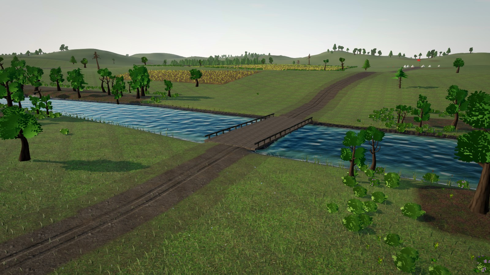 Puente de madera sobre un río ancho, con campos dorados y colinas al fondo.